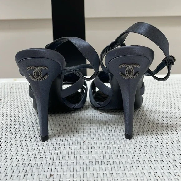 CHANEL embellished blue-grey satin heals sandals size 37 NEW - Picture 3 of 10